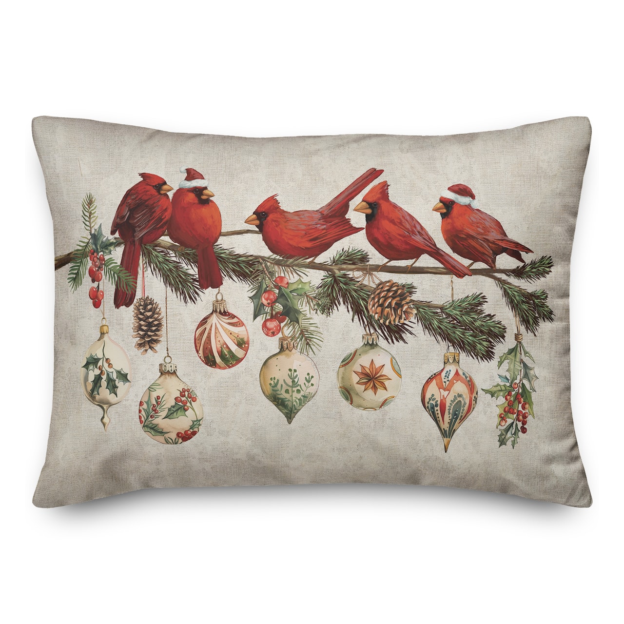 Cardinals and Ornaments 20" x 14" Spun Poly Pillow